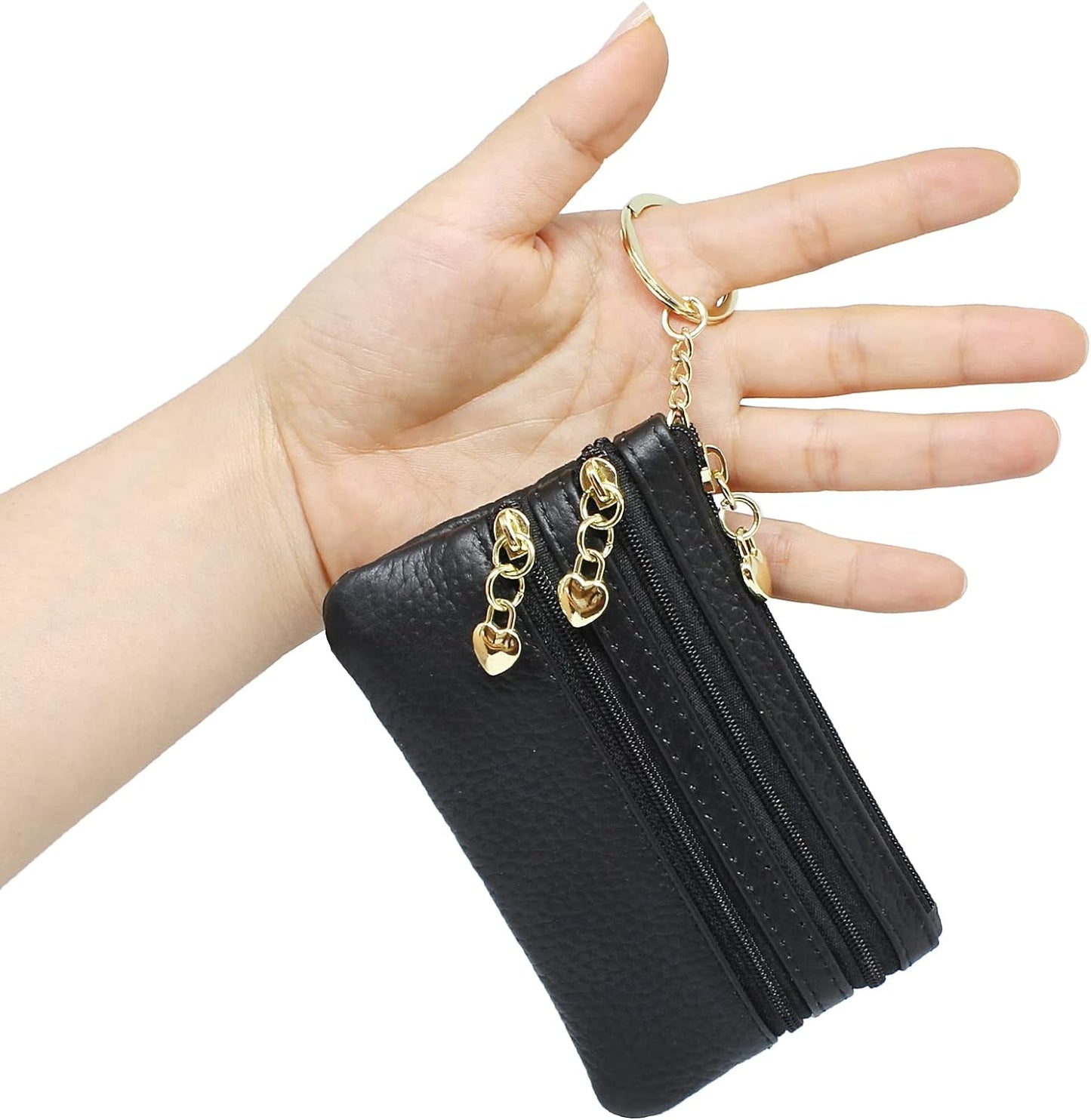 Leather Coin Keychain Purse for Women, Small Change Purse for Coins, Coin Pouch Wallet with 4 Zippered Pockets (Black)