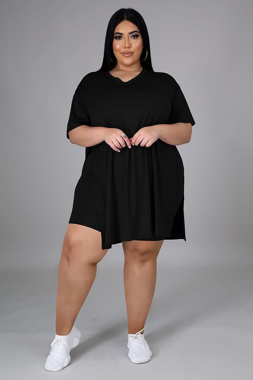 Plus Size Short Sets Women 2 Piece Outfits Side Split Short Sleeve Oversize Tunics T Shirt Bodycon Casual Sweatsuit Loungewear Set