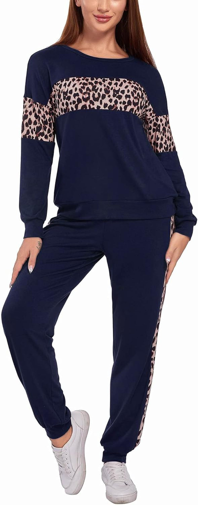 Women Pajamas Sets Long Sleeve Sleepwear Tops with Long Pants Soft Loungewear Pj Set Navy Blue XL