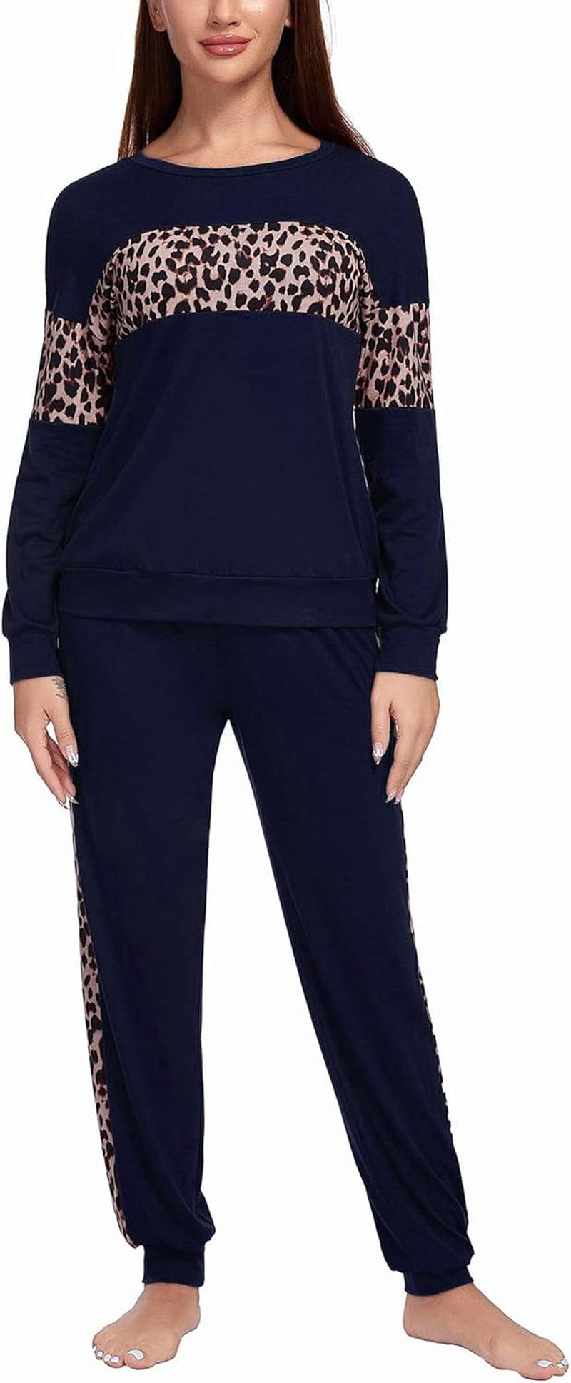 Women Pajamas Sets Long Sleeve Sleepwear Tops with Long Pants Soft Loungewear Pj Set Navy Blue XL