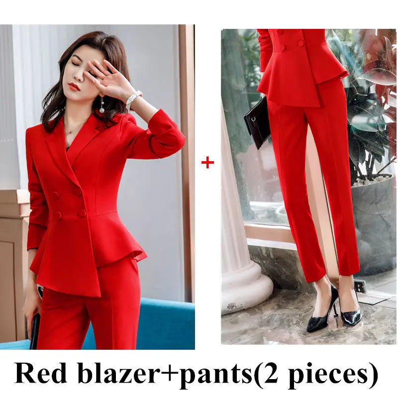 Women Red Blazer Slim Spring Autumn New Elegant Office Lady Work Suit Ruffled Double Breasted Blazer Solid