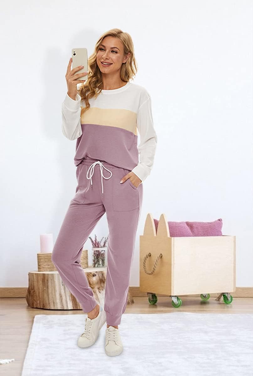 Two Piece Outfits for Women,Long Sleeve Crewneck Pullover Tops and Pants Sweatsuits Lounge Set with Pockets