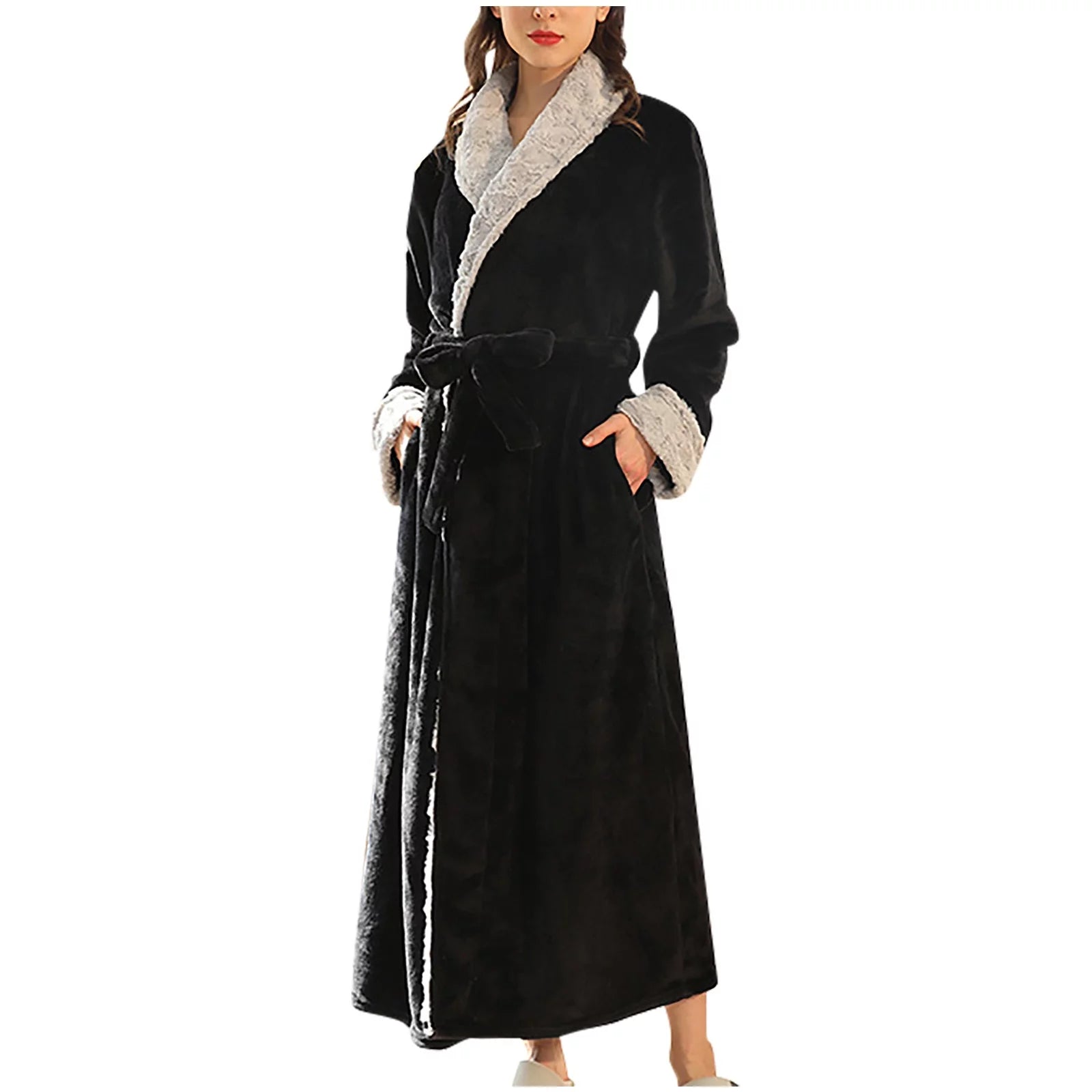 Women'S Soft Plush Fleece Shawl Collar Kimono Bathrobe, Full Length Long Winter Warm Flannel Lounge Spa Robes House Coat Pajamas Loungewear with Pockets