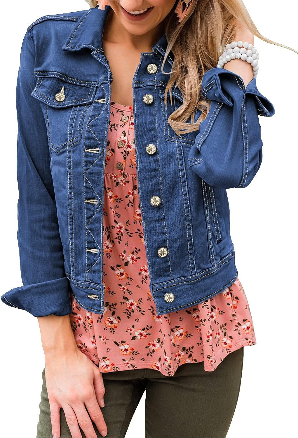 Women'S Basic Long Sleeves Button down Fitted Denim Jean Jackets