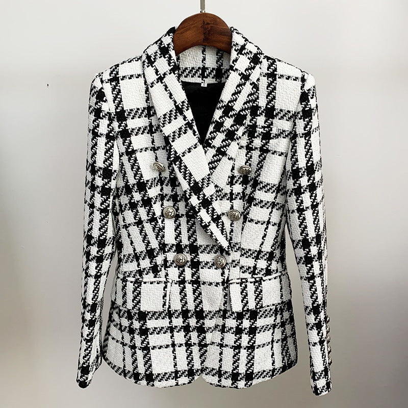 Double Breasted Weave Tweed Suit Jacket