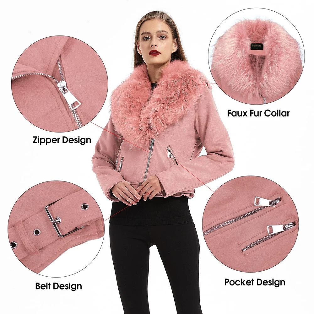 Spring Winter Women Thick Warm Faux Suede Leather Jacket Short Coat with Belt Detachable Faux Fur Collar Jacket Outwear