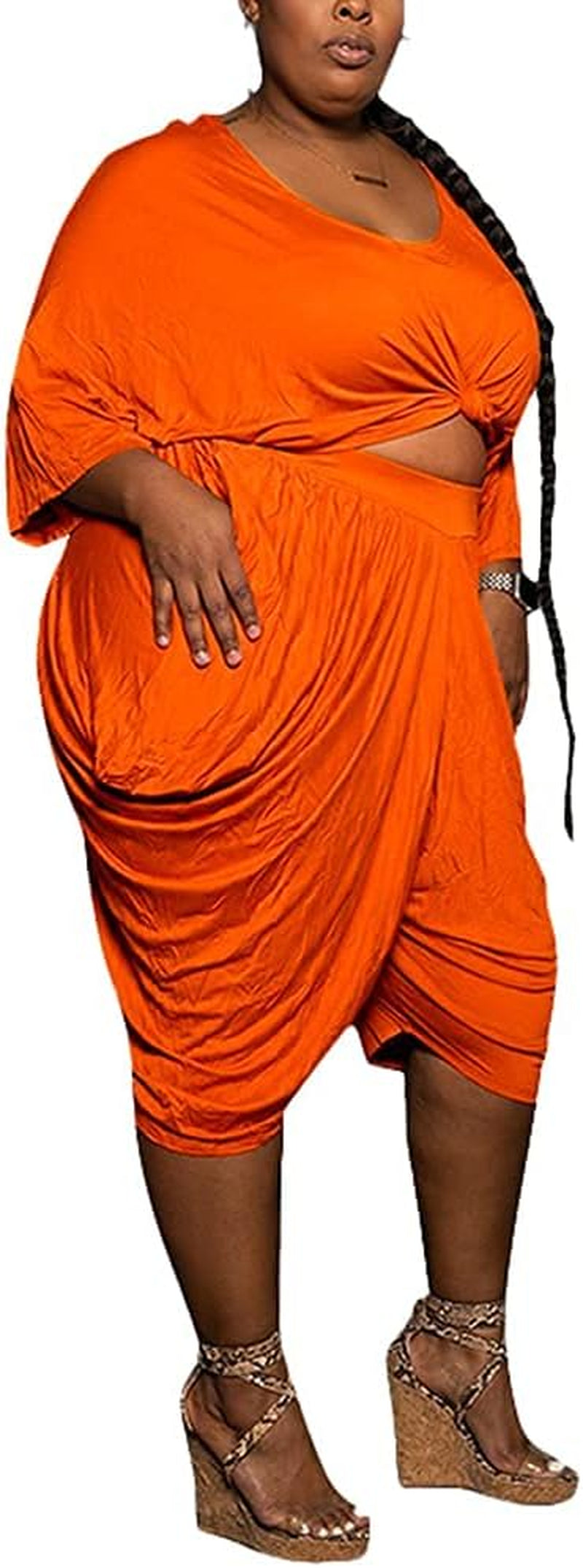 plus Size Outfits for Women 2 Piece Shorts Sets Half Sleeve T-Shirt Ruched Baggy Harem Pants Casual Tracksuit