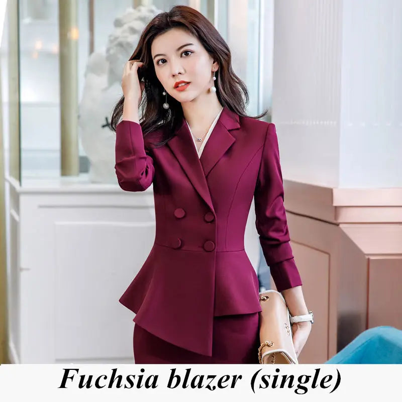 Women Red Blazer Slim Spring Autumn New Elegant Office Lady Work Suit Ruffled Double Breasted Blazer Solid