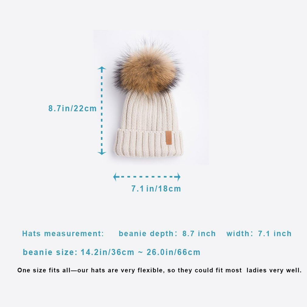 Womens Knit Beanies Hats with Fur Pom Bobble Hat Skull Cap Cable Beanie for Women