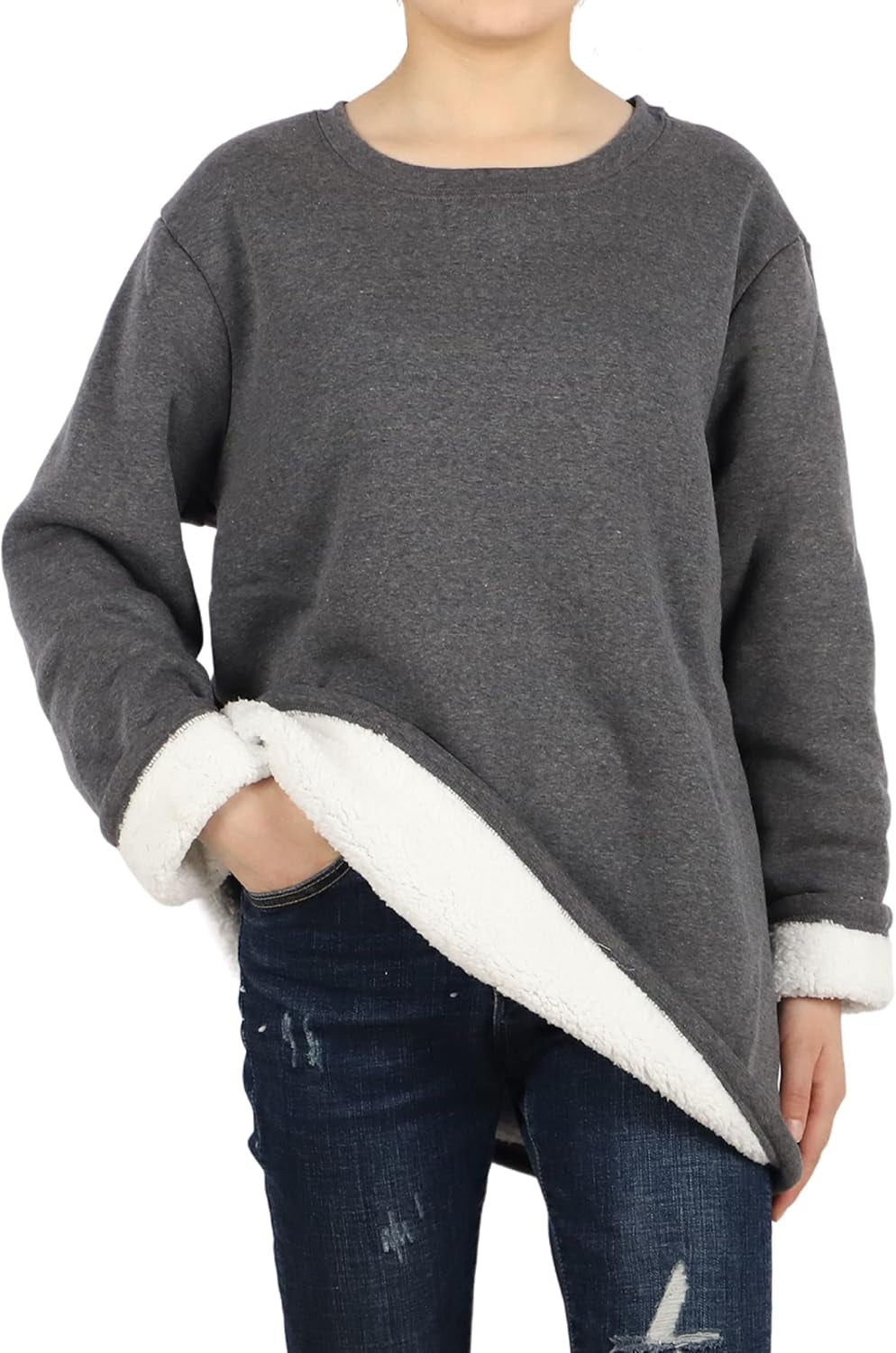 Women'S Sherpa Lined Sweatshirt Winter Warm Crewneck Pullover Loungewear