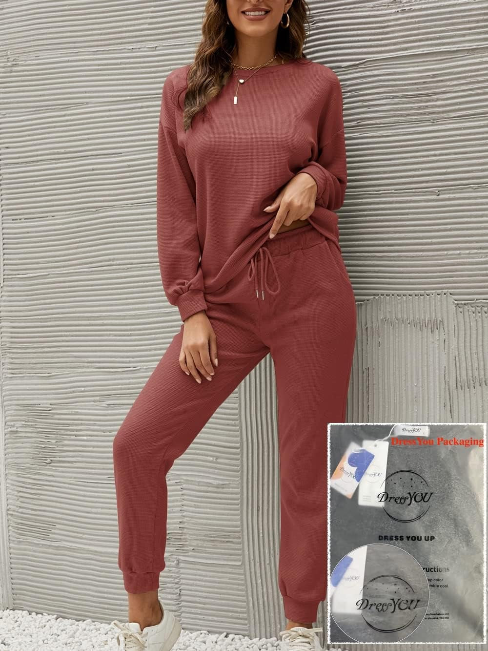 Women'S Waffle Knit 2 Piece Outfit Long Sleeve Loungewear Soft Pajama Set Pullover Top with Pants Sweatsuit Casual Sleepwear Red