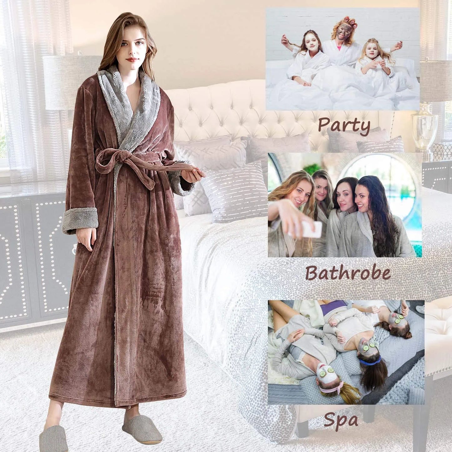 Womens Fleece Robes Long Plush Soft Warm Flannel Spa Bathrobe for Women Ladies Sleepwear (Coffee, L)