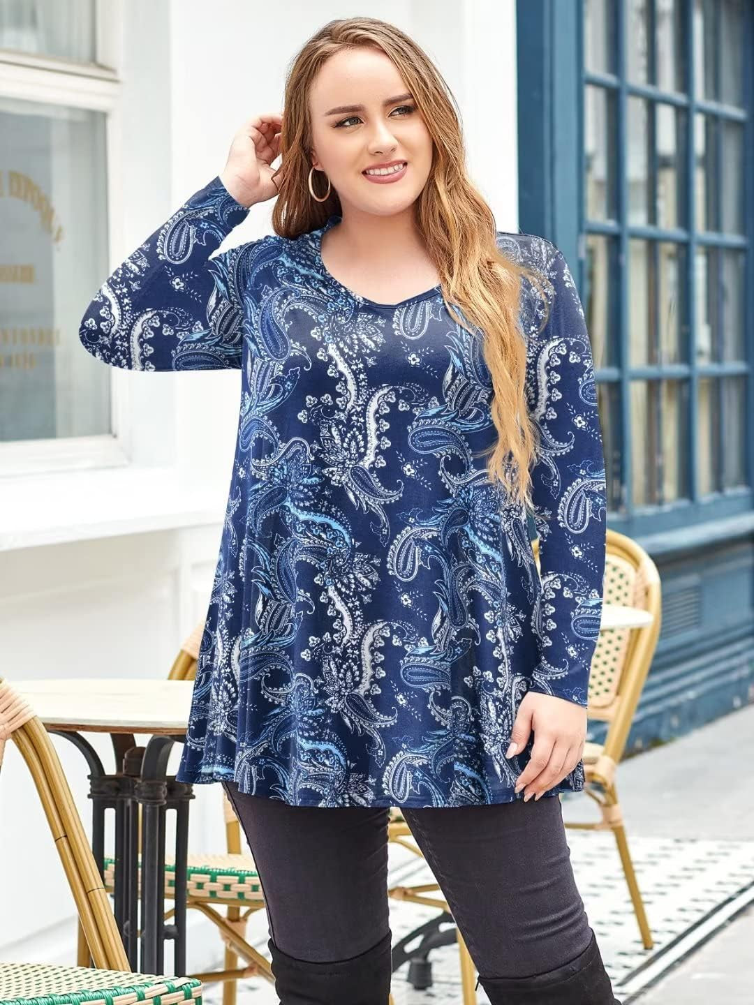 Long Sleeve Tunics Tops plus Size for Women V Neck Loose Fit Flowy Clothing for Leggings