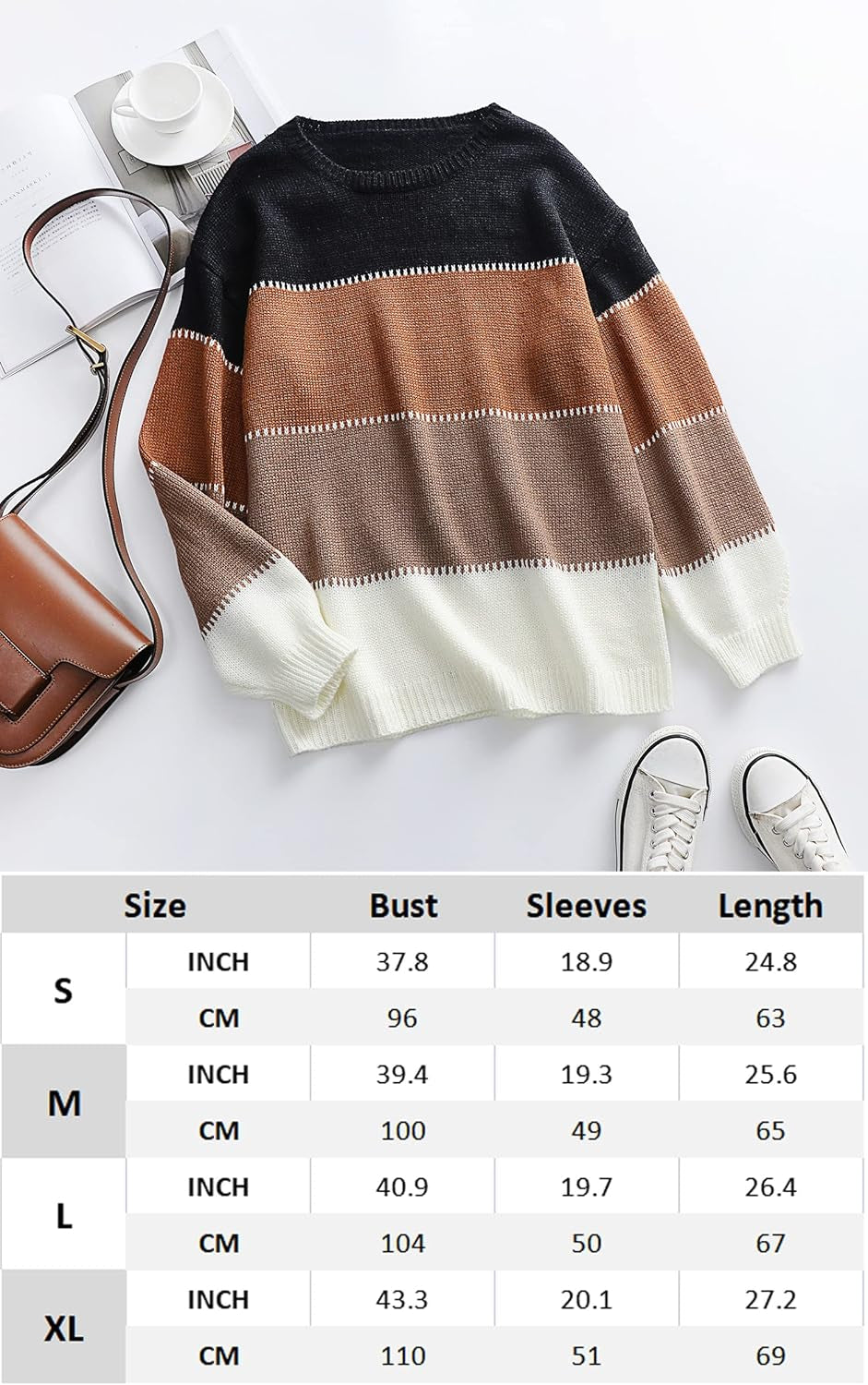 Women'S Sweaters Casual Long Sleeve Crewneck Color Block Patchwork Pullover Knit Sweater Tops