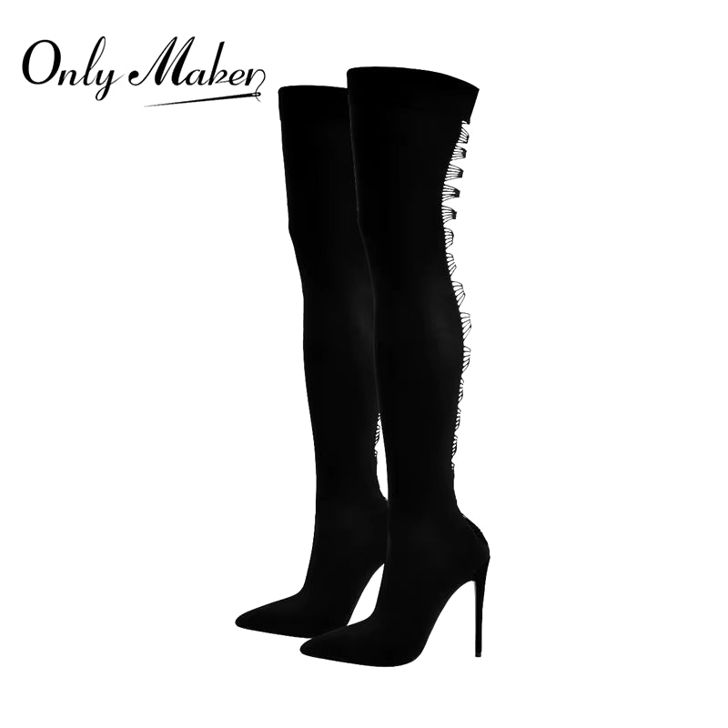 Women'S Boots Pointed Toe Black over the Knee Thigh High Stiletto Stretch Sock Sexy Fashion Stocking Sexy Long Boots