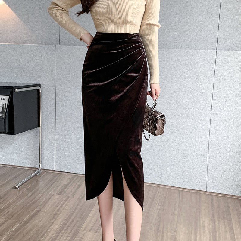 High-waisted velvet skirt women's European station autumn and winter new pleated slit one-step skirt slimming bag buttock skirt