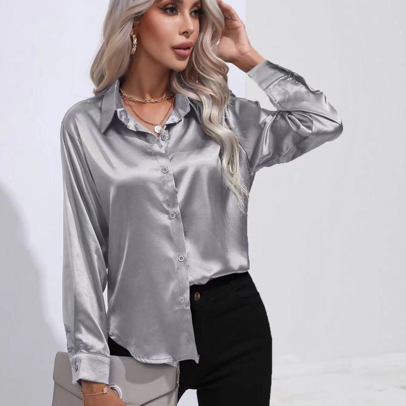 Long Sleeve Button-Down Satin Blouse