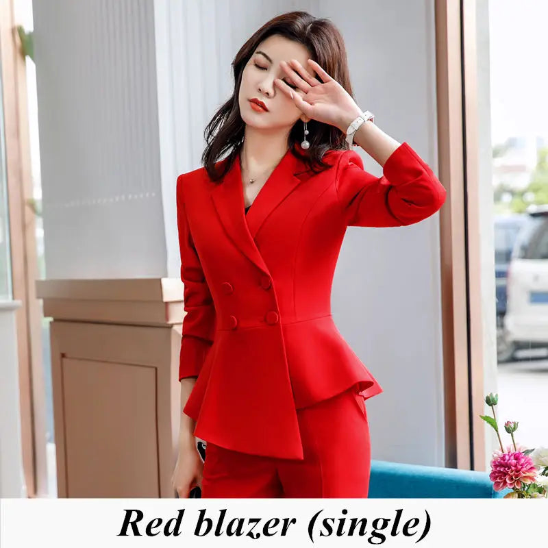 Women Red Blazer Slim Spring Autumn New Elegant Office Lady Work Suit Ruffled Double Breasted Blazer Solid