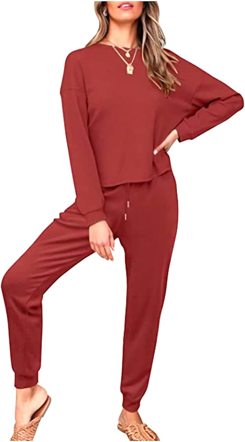 Women'S Waffle Knit 2 Piece Outfit Long Sleeve Loungewear Soft Pajama Set Pullover Top with Pants Sweatsuit Casual Sleepwear Red