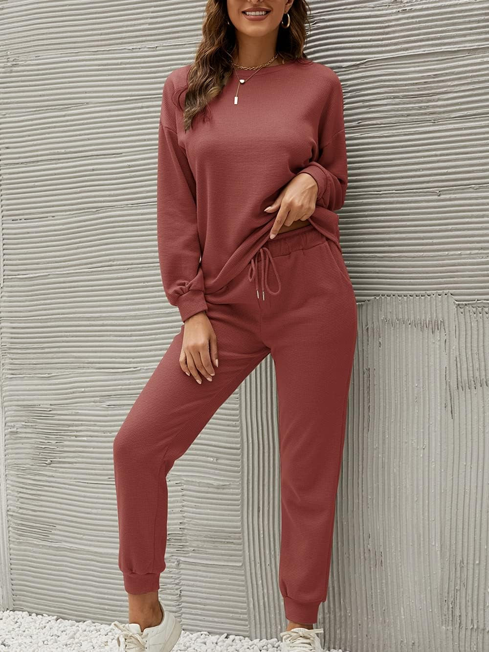 Women'S Waffle Knit 2 Piece Outfit Long Sleeve Loungewear Soft Pajama Set Pullover Top with Pants Sweatsuit Casual Sleepwear Red