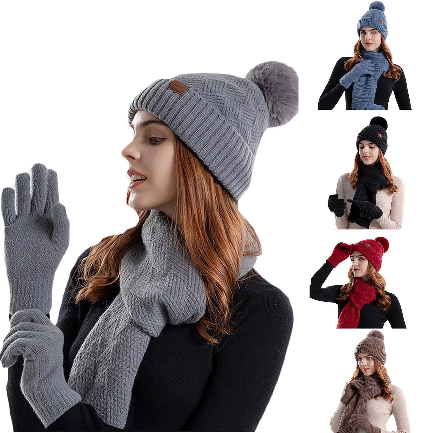 Hot Sale！Hat Scarf and Gloves Set for Women,Winter Warm Scarfs,Gloves,Hat Combo for Women,Knitting Beanie Hat,Infinity Scarf,Touch Screen Lined Matching Gloves Set for Women