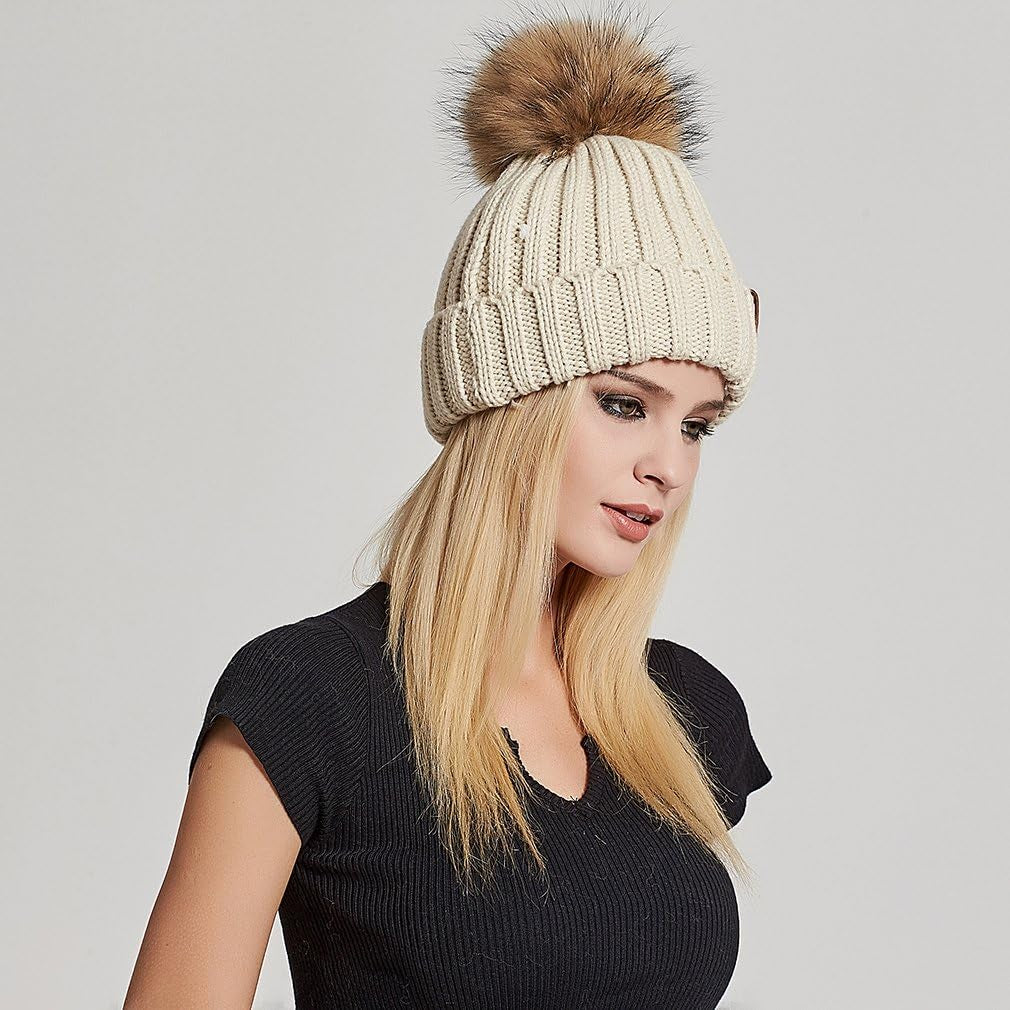 Womens Knit Beanies Hats with Fur Pom Bobble Hat Skull Cap Cable Beanie for Women