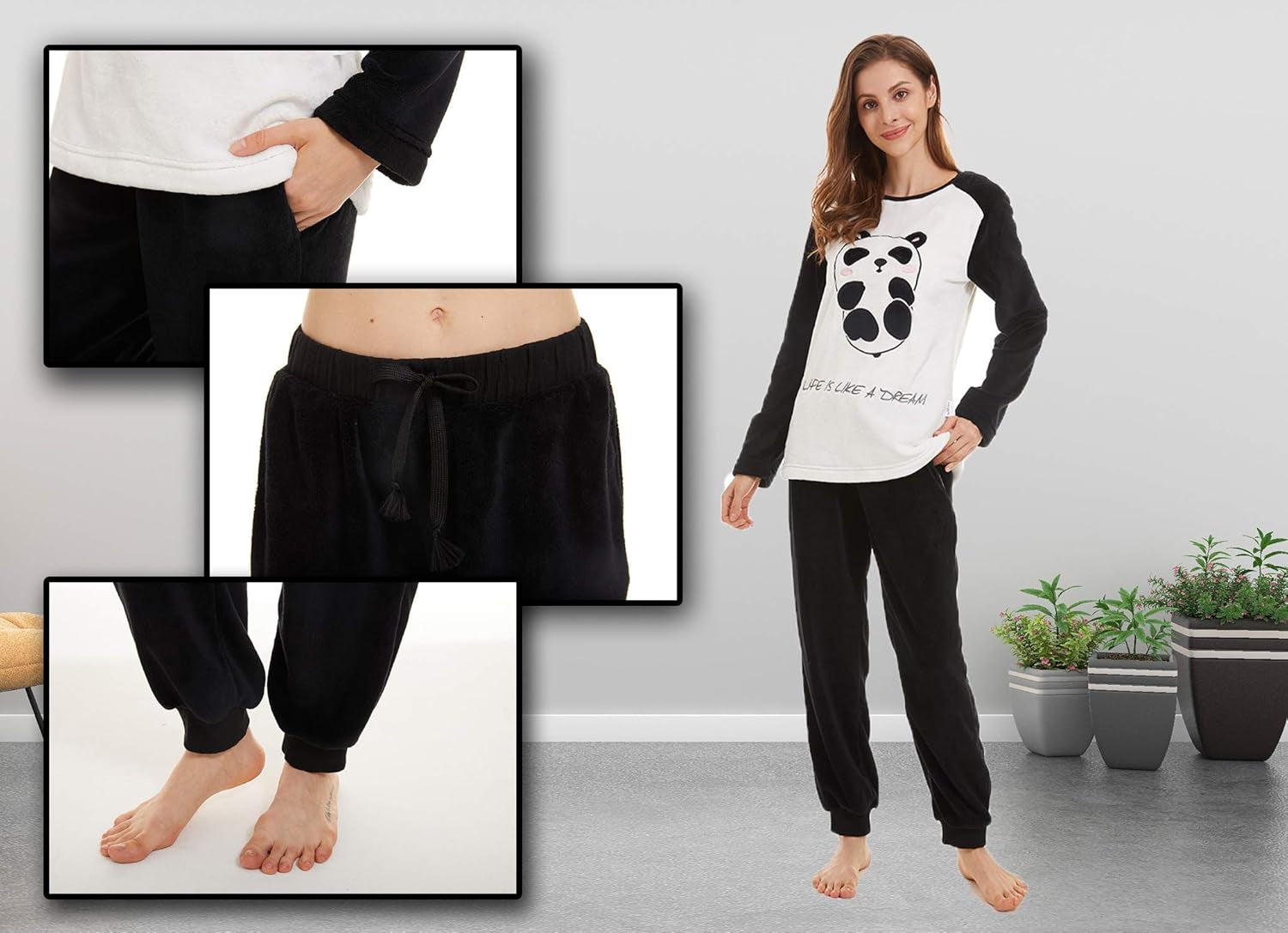 Women Pajamas Set，Warm Pajamas Women Set,Long Sleeve Sleepwear with Long Pants 2 Piece Loungewear with Pockets Soft Pj Sets… (Black Panda, Medium)