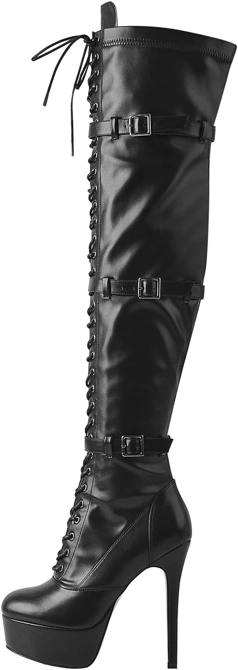 Women'S Stiletto Platform Thigh High Booties Close Toe Side Zippers and Front Lace up PU Leather Buckle Belts Grommets Boots for Cosplay Parties Black Shoes Size 11