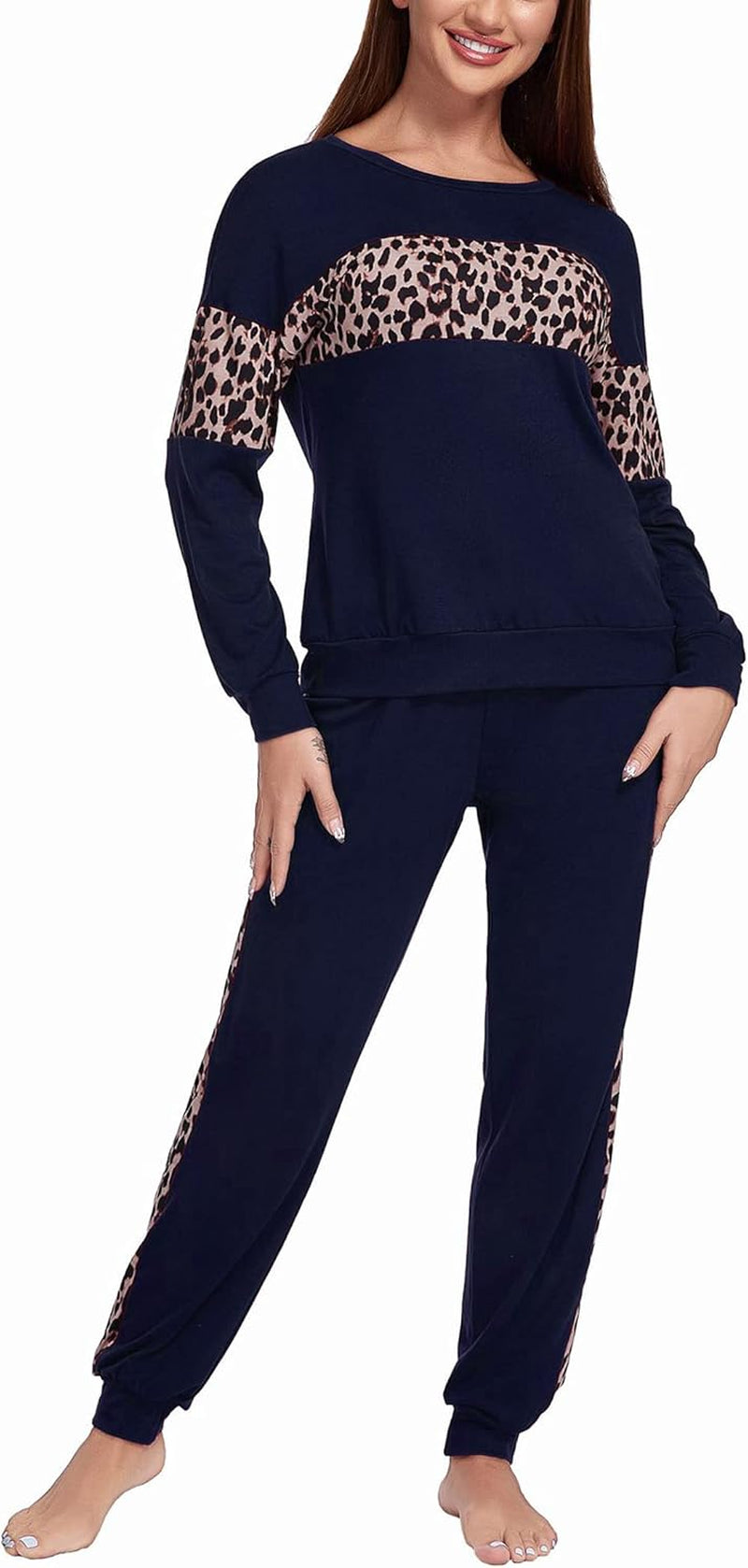 Women Pajamas Sets Long Sleeve Sleepwear Tops with Long Pants Soft Loungewear Pj Set Navy Blue XL