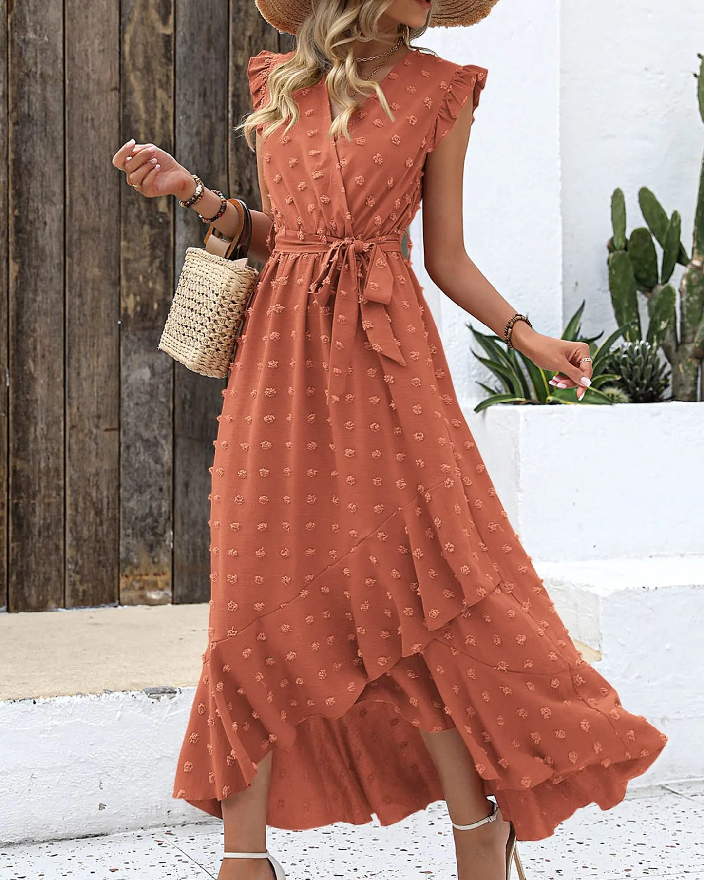 BTFBM Women 2024 Summer V Neck Dress Cap Sleeve Swiss Dot Boho Ruffle Slit Beach Cocktail Party Flowy Long Maxi Dresses Medium Swiss Dot Orange Red