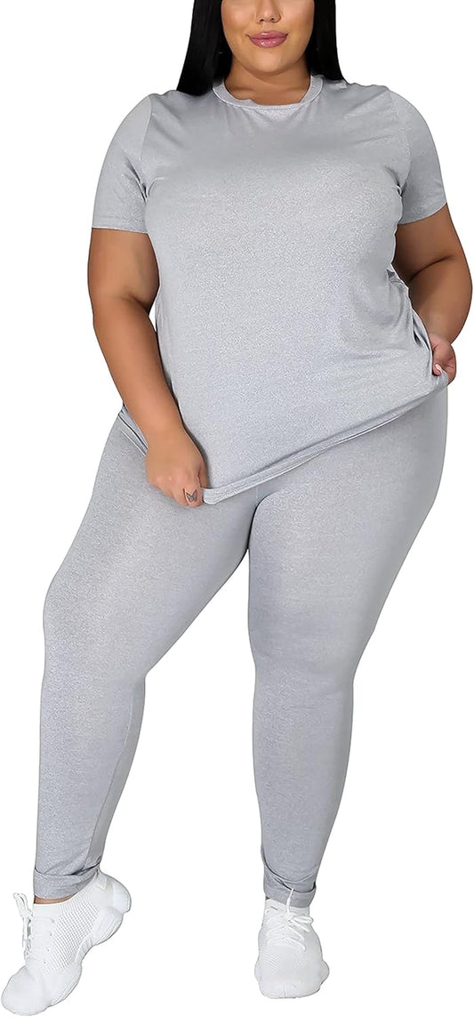 Plus Size 2 Piece Outfits for Women Short Sleeve Oversize Tunics Tops Sets Bodycon Casual Sweatpants Loungewear Set