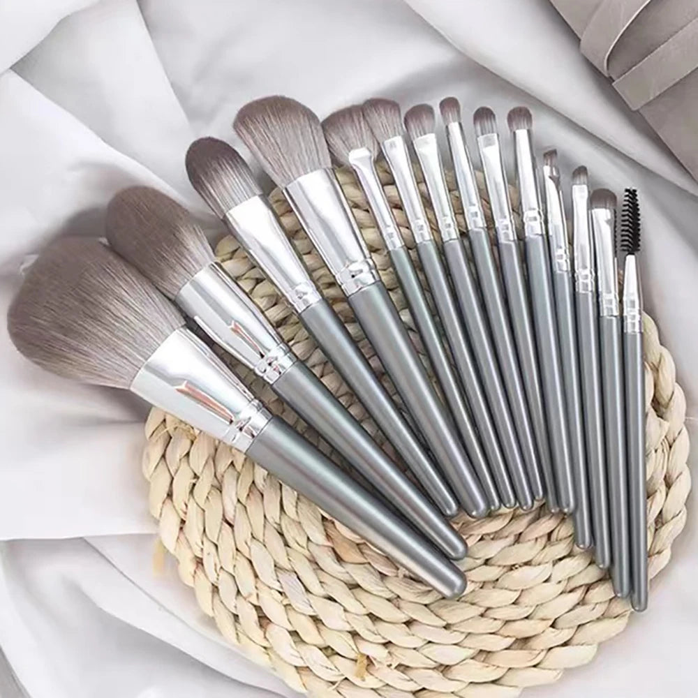 14Pcs Silver Makeup Brushes Set Powder Grey Blush Concealer Foundation Eyeshadow Eyeliner Eye Cosmetics Face Beauty Tools