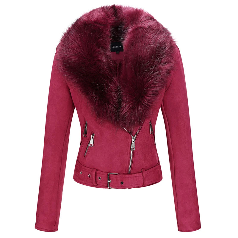 Spring Winter Women Thick Warm Faux Suede Leather Jacket Short Coat with Belt Detachable Faux Fur Collar Jacket Outwear