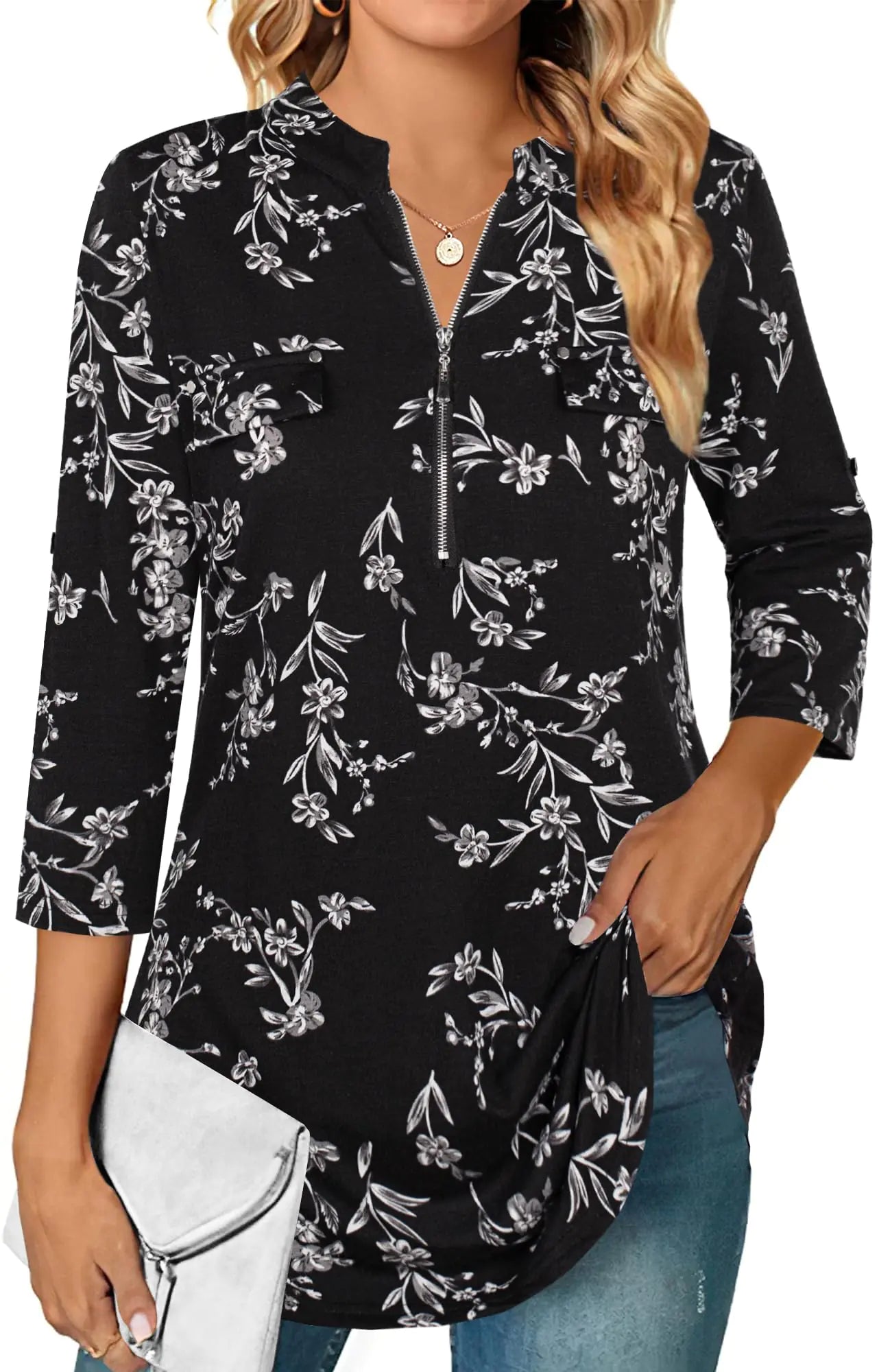 Ninedaily Women's 3/4 Sleeve Plaid Shirts Zip Floral Casual Tunic Blouse Tops Large Black White Floral