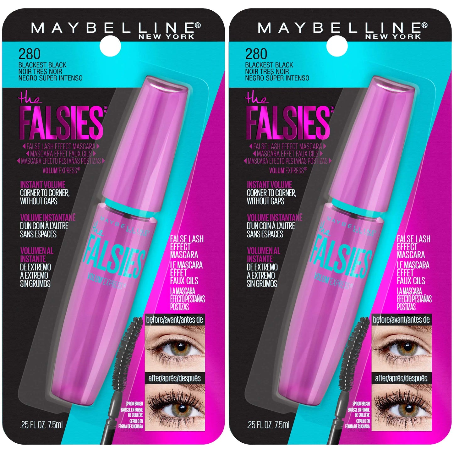 Maybelline Volum' Express Falsies Volumizing, Washable Mascara, Blackest Black, 2 Count 0.25 Fl Oz (Pack of 2)