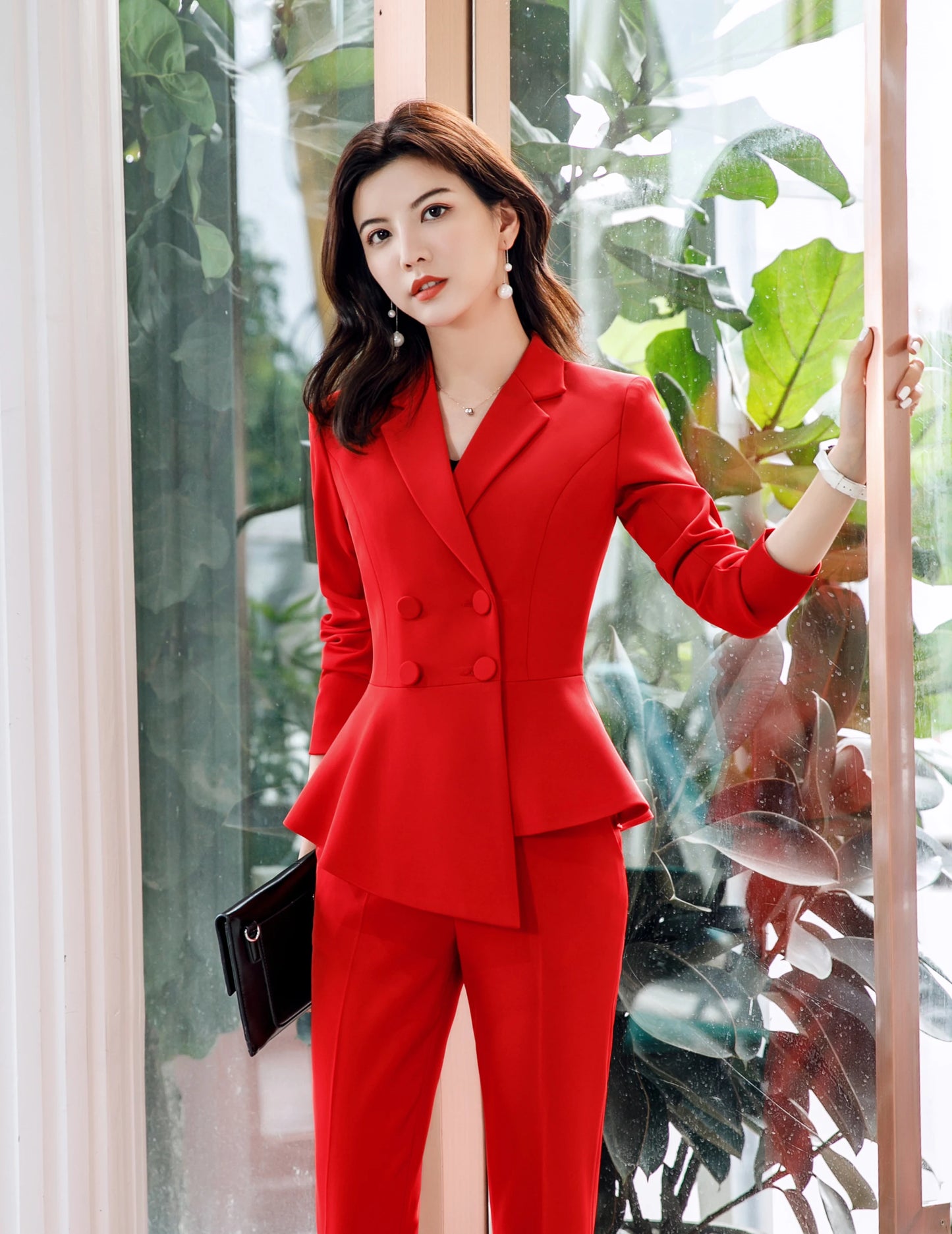 Women Red Blazer Slim Spring Autumn New Elegant Office Lady Work Suit Ruffled Double Breasted Blazer Solid