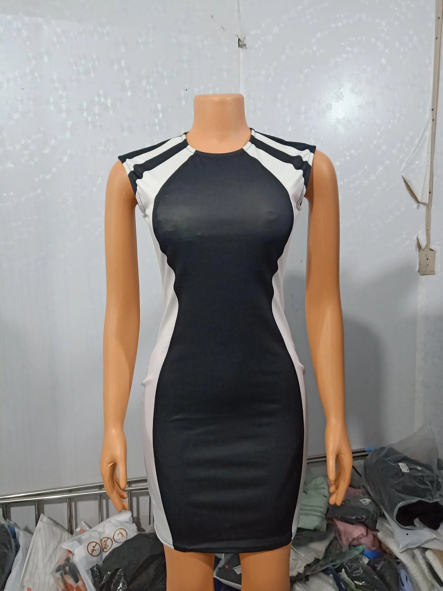 Women'S Dress Color Block round Neck Sleeveless Bodycon Mini Dress 2024 Spring Latest Elegant Zipper Skinny Daily Work Skirt