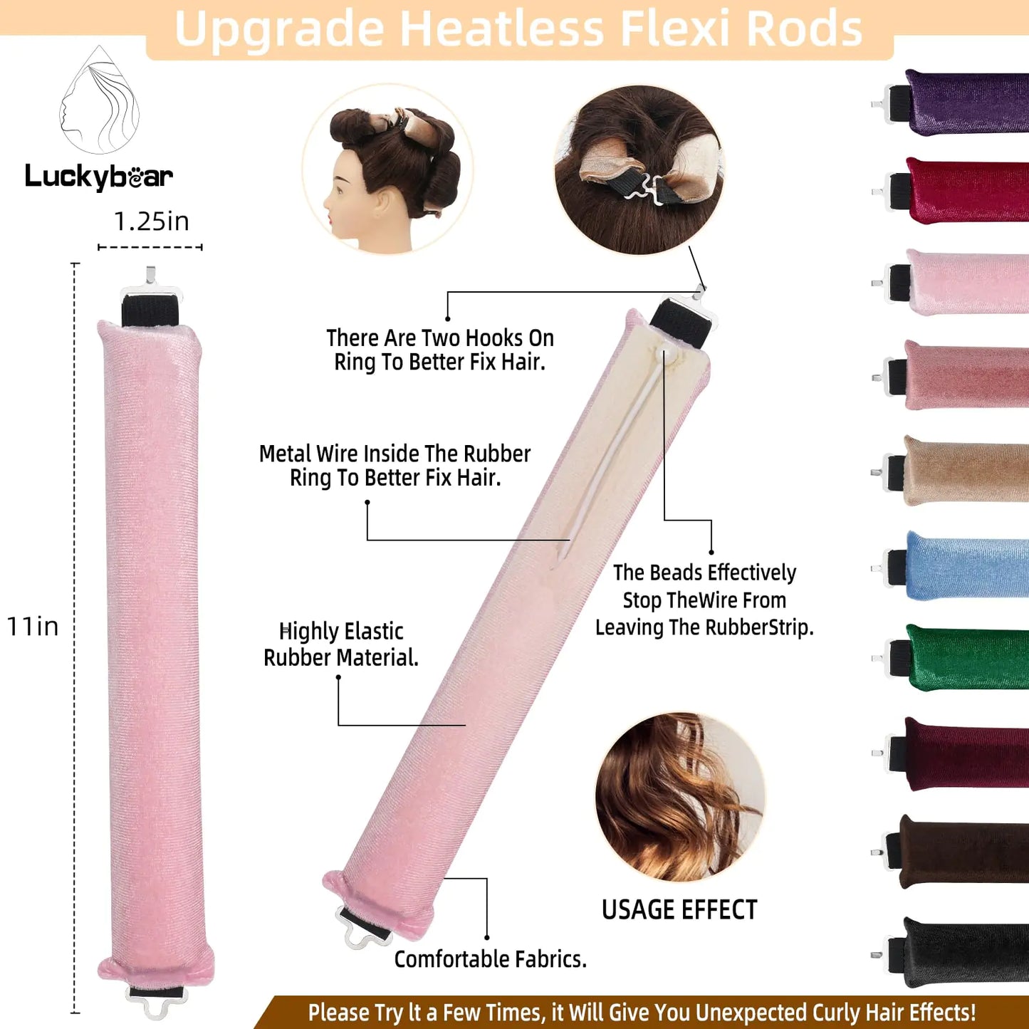 Luckybear Jumbo Heatless Hair Curler, 3pcs Pink Satin Flexi Rods - Heatless Curls, Soft Velvet Overnight Sleeping Curls Styling Tools for All Hair Types