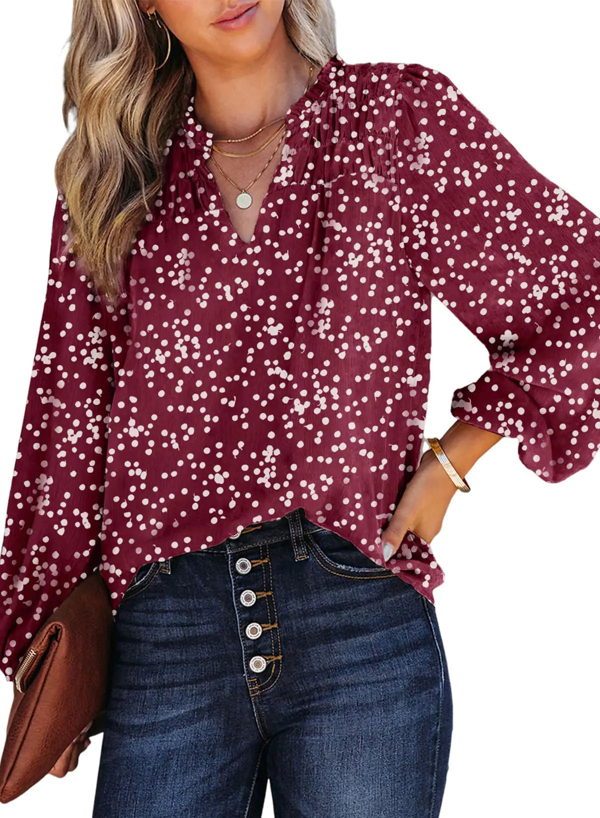 Dokotoo Women's Casual V Neck Alicia Floral Print Smocked Long Sleeve Chiffon Blouses Bohemian Top Shirts Medium Racing Red