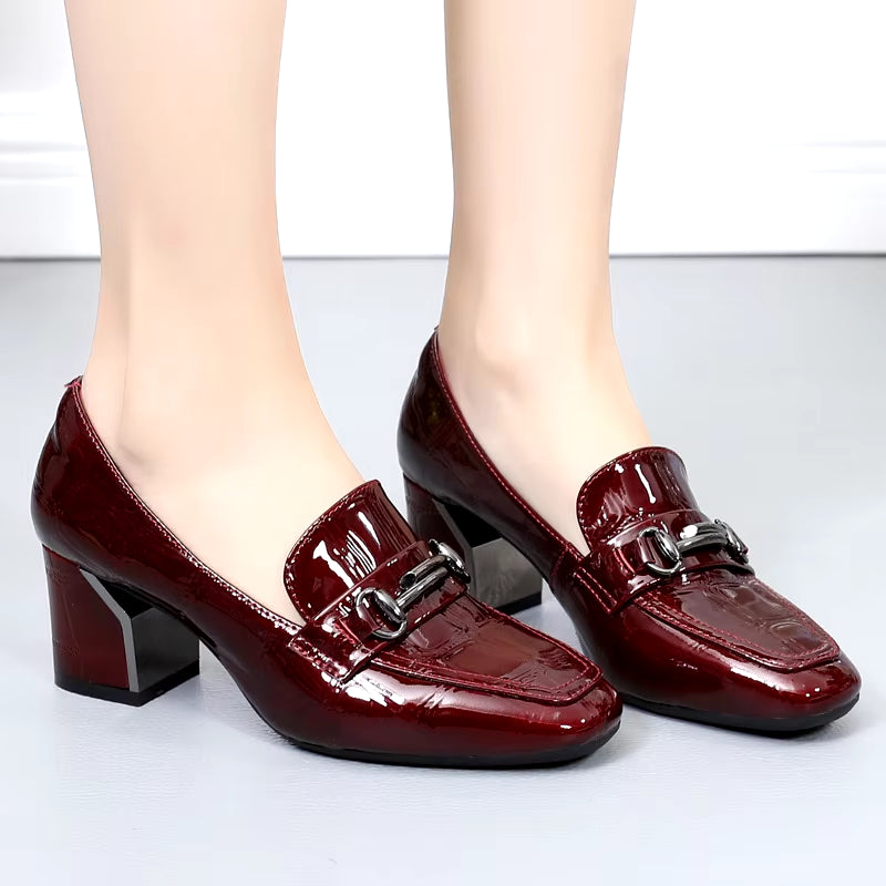 New Elegant Style Vintag Big Size 43 Chunky Heels Women'S Slip-On Loafers Office Lady High Heeled Genuine Leather Women'S Shoes