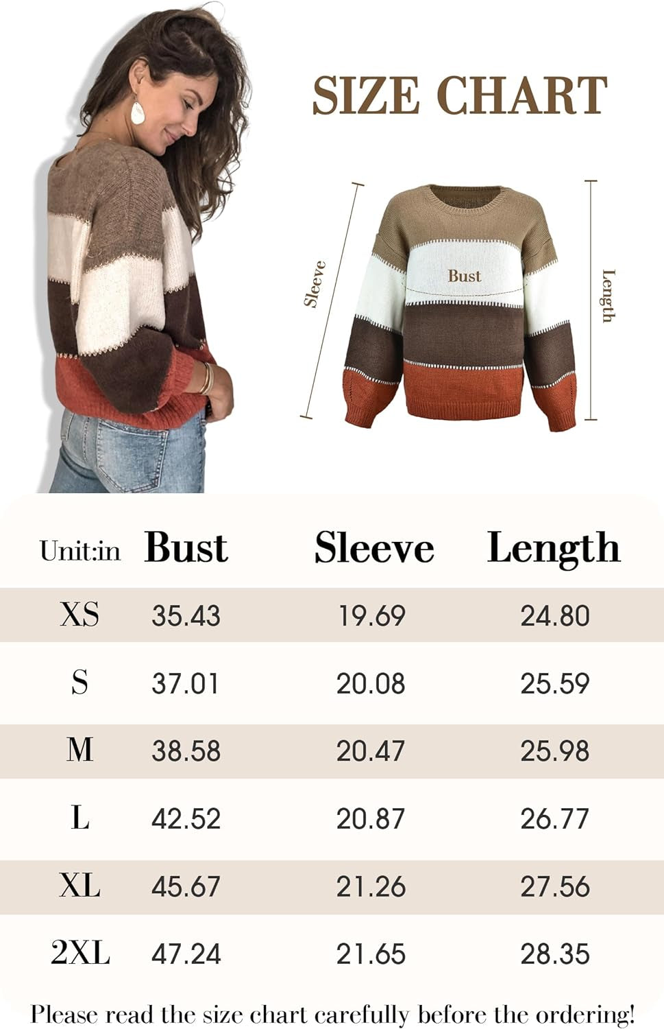 Women'S Sweaters Casual Long Sleeve Crewneck Color Block Patchwork Pullover Knit Sweater Tops