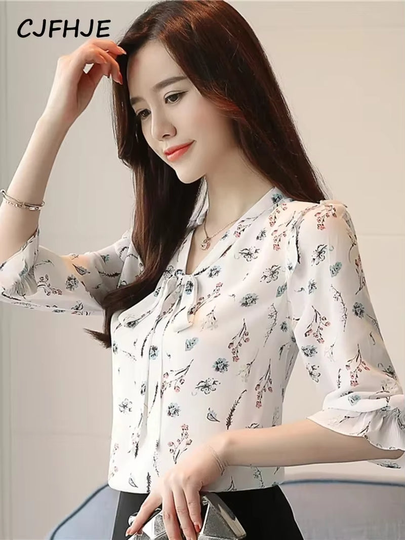 Autumn Three Quarter Women'S Blouses Print Floral Chic Chiffon Shirts Casual Lace up Female Blusas Ladies Top S-XXL