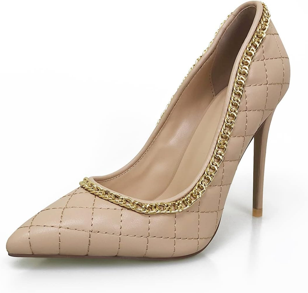 Women'S Pumps High Heels Pointed Toe Slip on Stiletto Heels 11Cm Pleated Cushioned Upper with Gold Chain(Nude, Numeric_8)