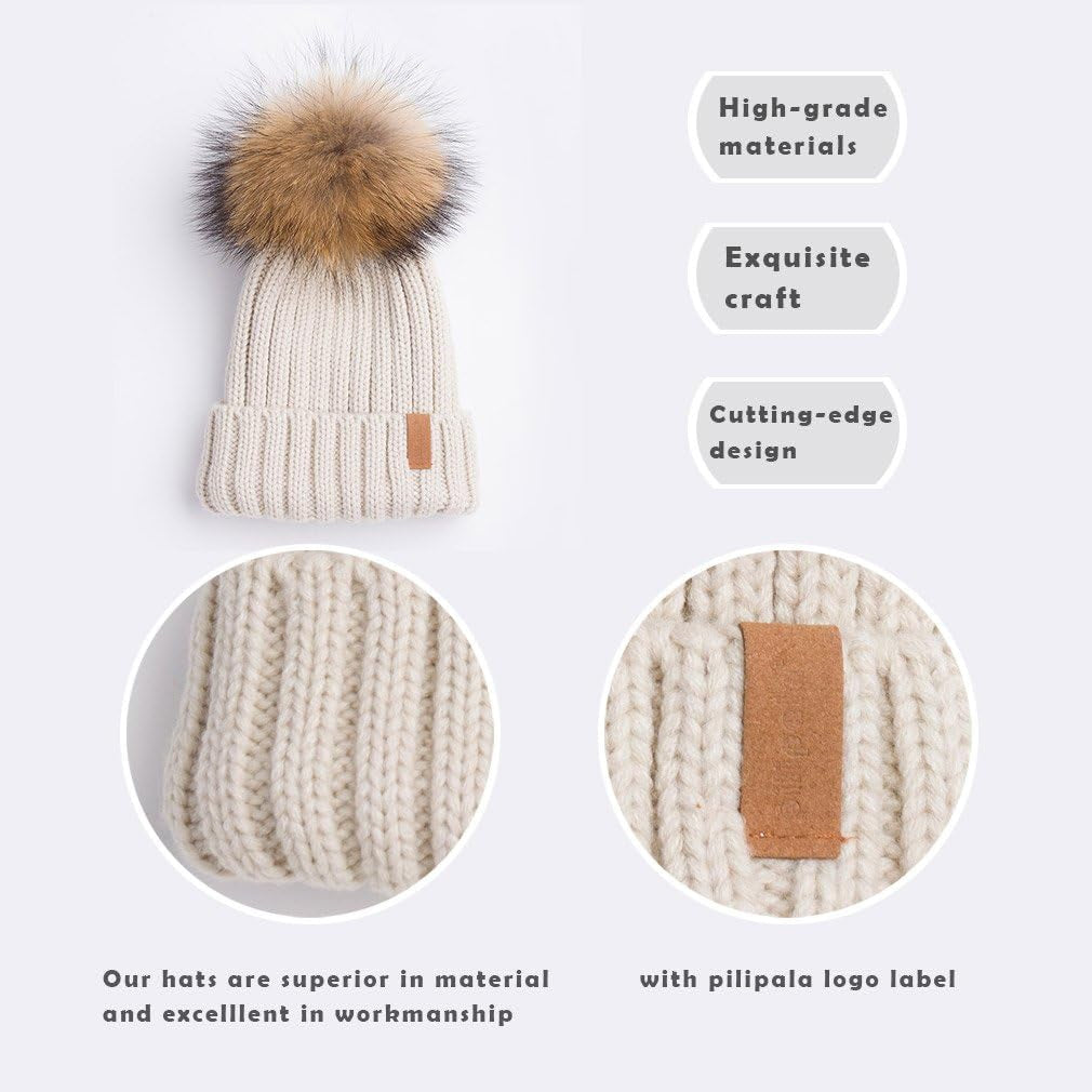 Womens Knit Beanies Hats with Fur Pom Bobble Hat Skull Cap Cable Beanie for Women