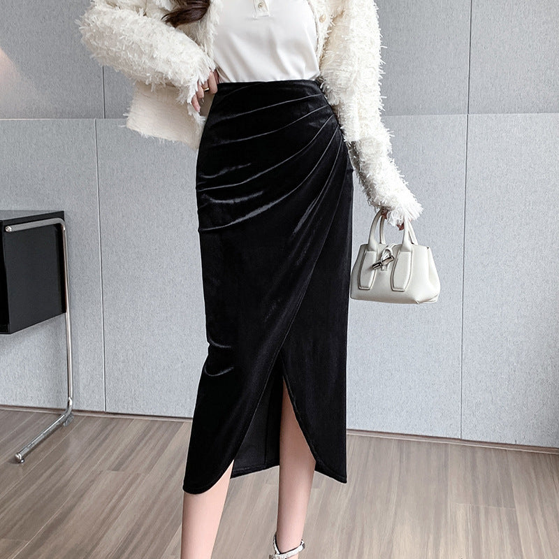 High-waisted velvet skirt women's European station autumn and winter new pleated slit one-step skirt slimming bag buttock skirt