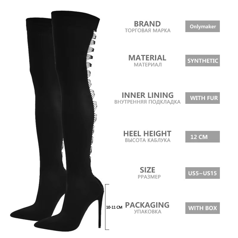 Women'S Boots Pointed Toe Black over the Knee Thigh High Stiletto Stretch Sock Sexy Fashion Stocking Sexy Long Boots