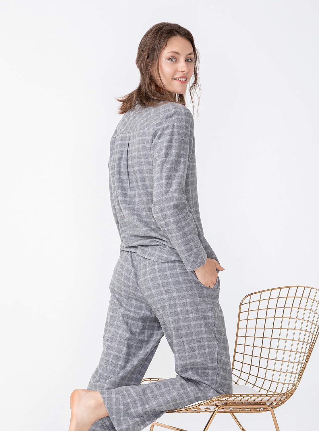 Women Cotton Pajamas Set with Flat Collar Long Sleeve Soft Ladies Pjs with Chest Pocket Tencel Rayon Sleepwear S-XL