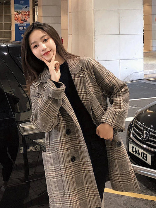 Loose Plaid Woolen Coat for Women Fashion Lapel Slim Women'S Jackets 2020 Korean Women'S Autumn Coat Woman Clothing