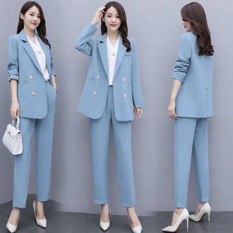 Spring Autumn Women'S Suits New Solid Korean Blazer Jacket Coat and Trousers Two Piece Female Office Suit Pants Set Clothes 2XL