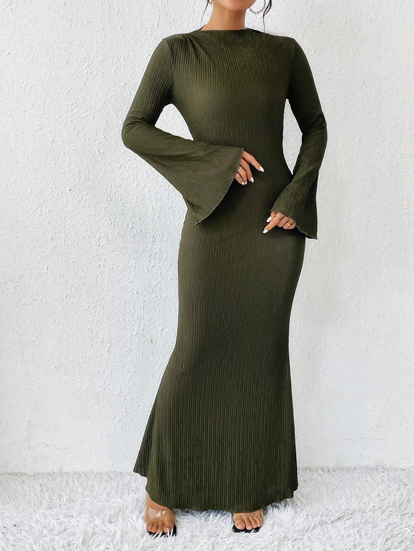 Solid Flare Sleeve Mermaid Dress, Elegant Crew Neck Floor Length Slim Dress, Women'S Clothing